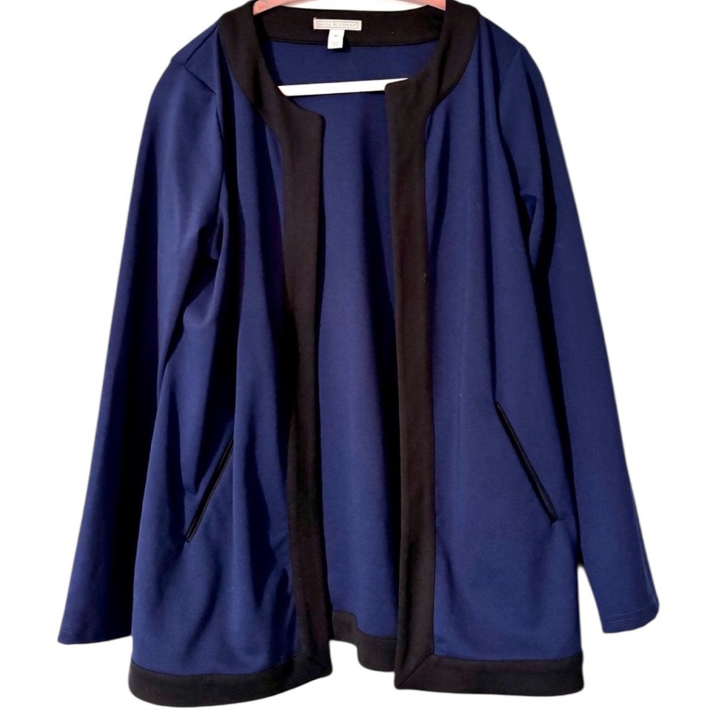 Dana Buchman blue with black trim open front blazer SZ M Like New